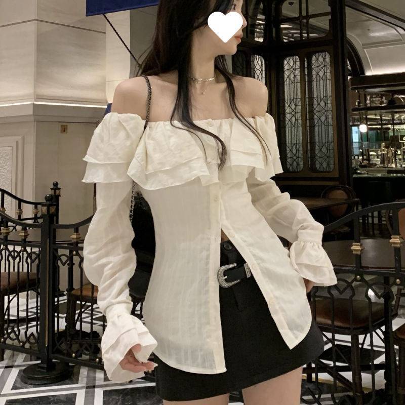 夏の新しいスタイルの女性用ワンショルダー長袖シャツ、スリムフィットのお腹カバーシャツ、ファッショナブルなニッチトップ|undefined