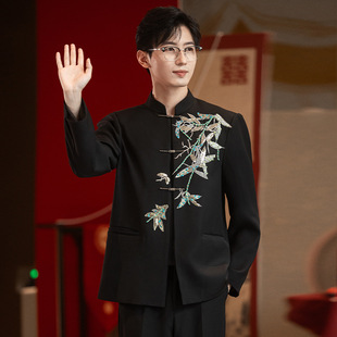 Engagement New Chinese Men's 2025 New Black Wedding Wearing Suit National Style High-end Men's Groom Dress