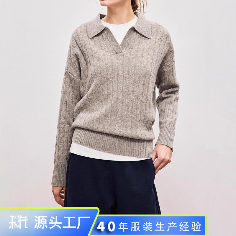 100% Australian Merino Wool Sweater Old Money Style Cable Knit Polo Shirt Women's Autumn Winter V-Neck Thick Sweater
