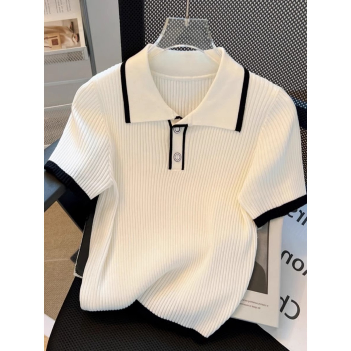 夏季白色翻领小香风polo领短袖针织衫t恤上衣女网红显瘦短款A3710