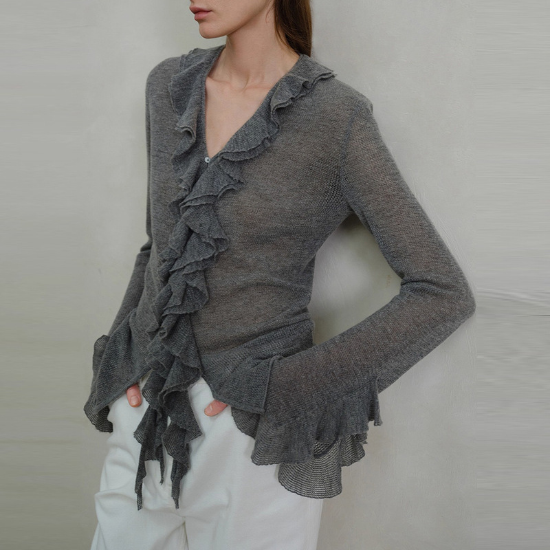 Chic Irregular Petal Edge Thin Commuting Wool Knitwear with Flared Sleeves Early Autumn High-End Cardigan with Petal Sleeves