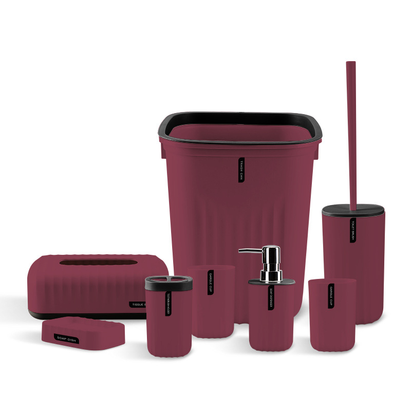 Lavado de baño patrón onda simple color sólido kit enjuague bucal taza cepillo dientes jabón caja plástico ocho piezas traje