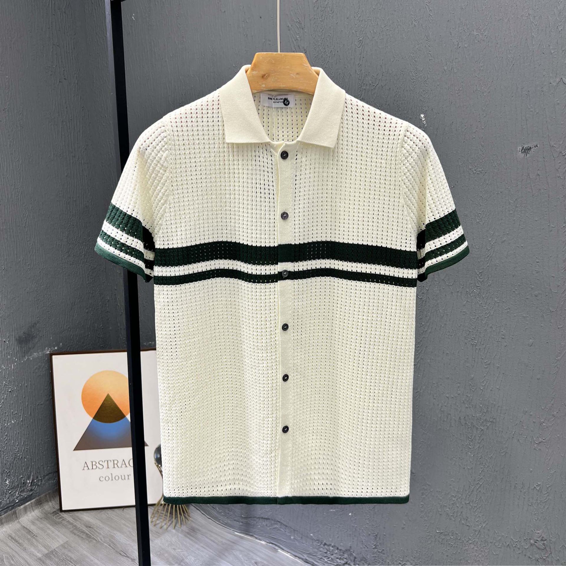 Polo camiseta de punto camiseta de manga corta hombre cardigán agujero rayas viejas camisetas casuales de verano fábrica transfronteriza mayorista