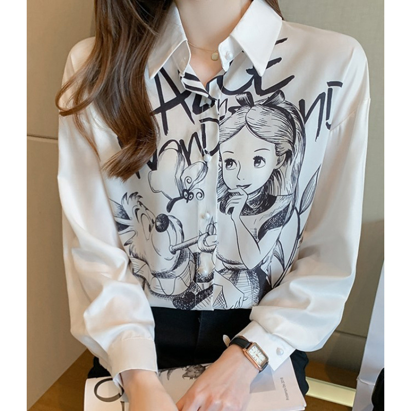 现货欧美外贸女装2022夏季新款港味印花宽松设计感衬衫女雪纺上衣