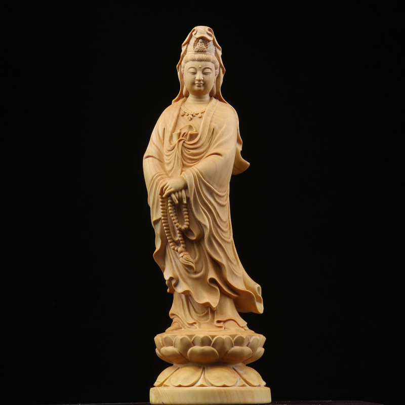 黄楊木彫刻立蓮観音菩薩置物実木崖柏念珠観音仏像供養装飾工芸|undefined