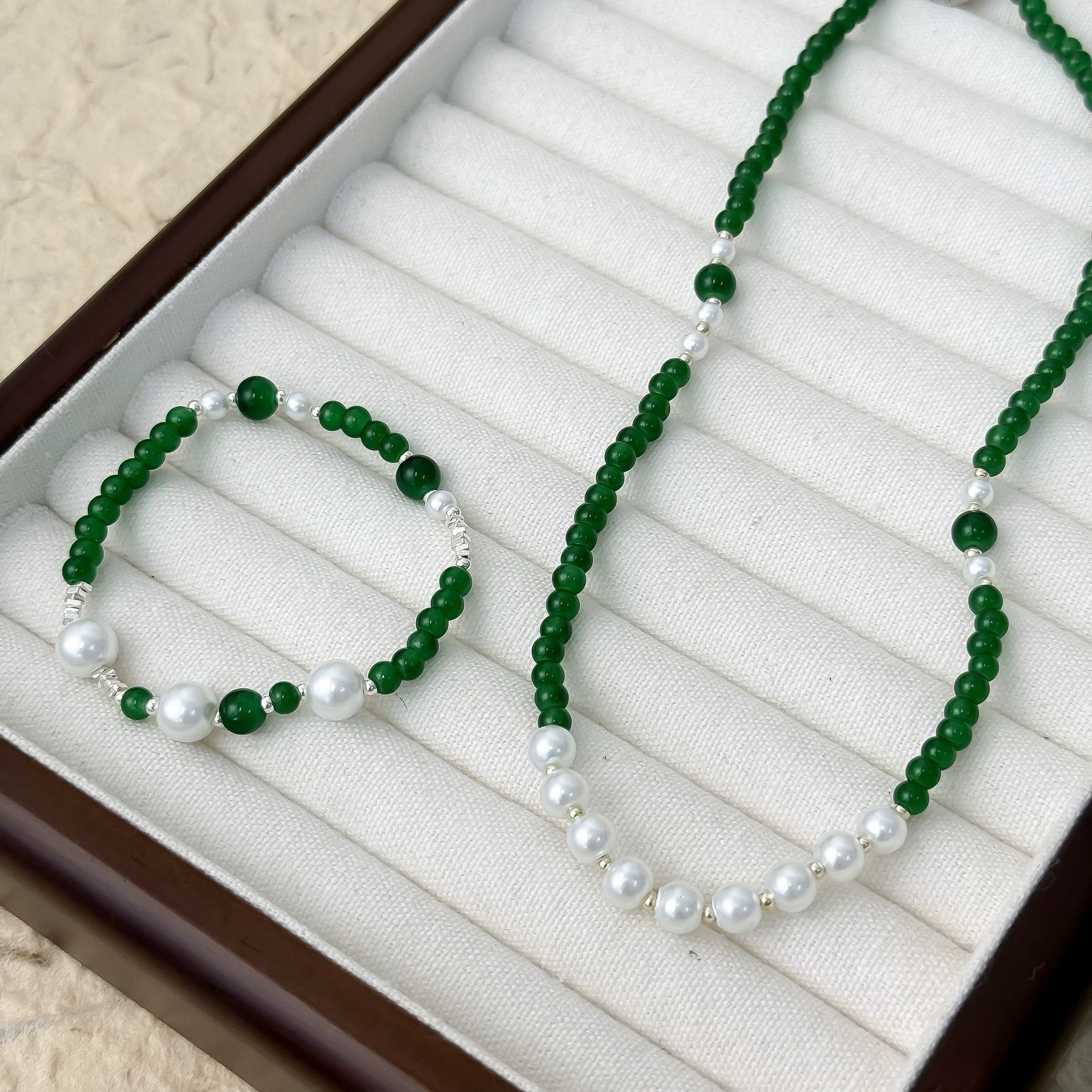 Green Beaded Splicing Summer New Girls Clavicle Chain New Chinese Style Personalized Versatile Necklace Green Bracelet Set