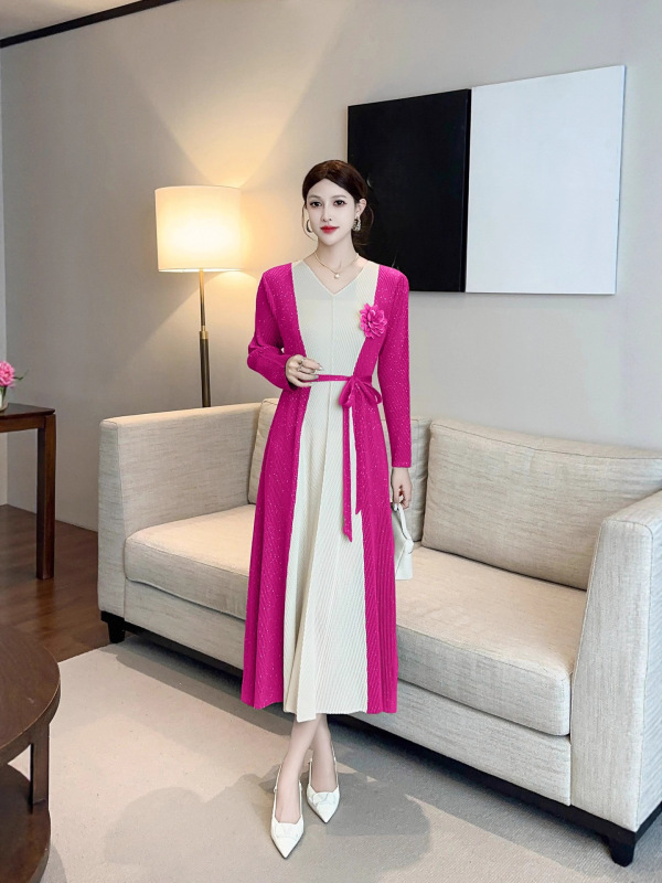 优雅撞色拼接褶皱连衣裙女 收腰系带显瘦气质中长裙|undefined