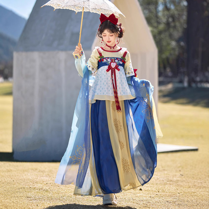 【Snow White】New Original Fairy Tale Style Embroidered Half-Sleeve Dress with a Broken Hem, Tang-Style Women's Outfit