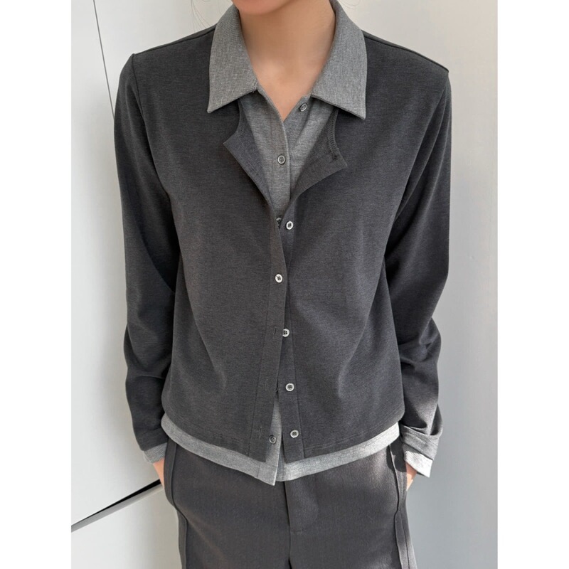 Wholesale Fake Two-Piece Cardigan Layered with a High-Intelligence Style Turn-Down Collar and Fitted Knit Shirt