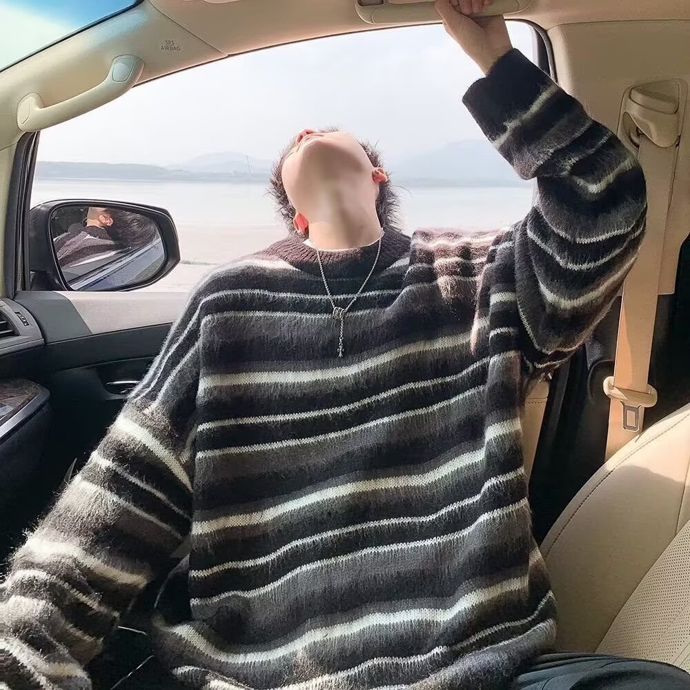 2025潮牌美式复古嘻哈hiphop条纹毛线衣男女休闲宽松慵懒毛衣冬季