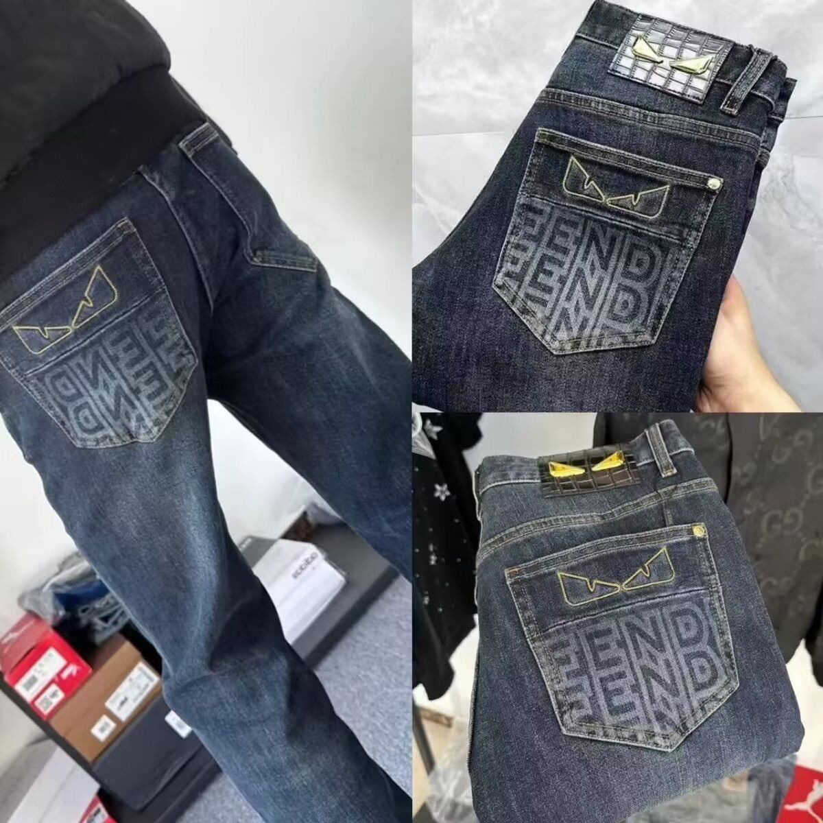 2025 Spring/Summer Light Luxury High-End Trendy European Style Little Monster Men's Blue Slim Fit Skinny Jeans