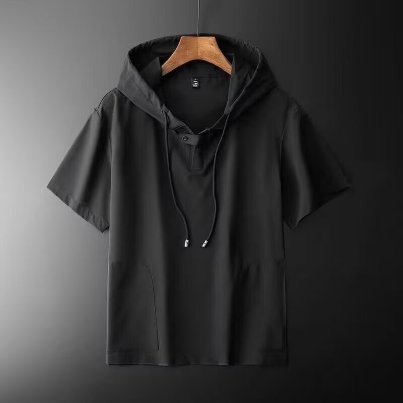T-shirt men's summer hooded short sleeve men's ice silk half sleeve shirt sweater men's thin shirt teenagers tide