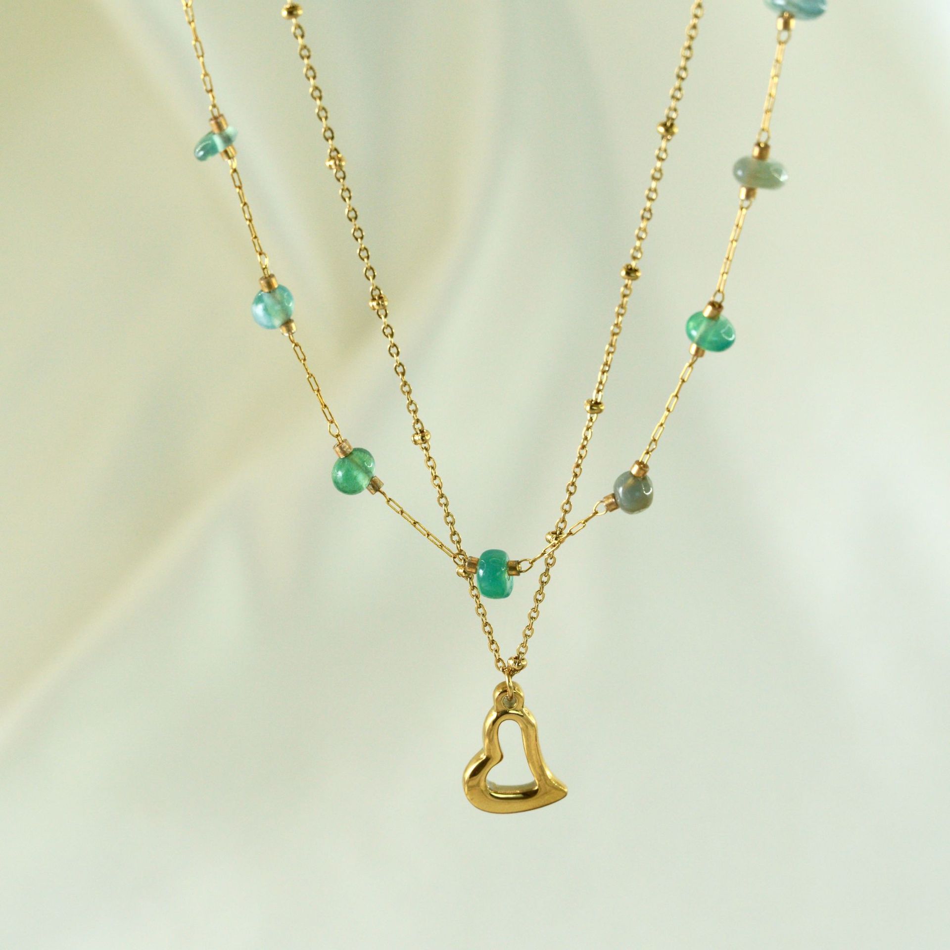 1 Piece Quantity IG Style Simple Style Geometric Heart Shape Natural Stone Titanium Steel Beaded Plating 14K Gold Plated Women's Rings Necklace