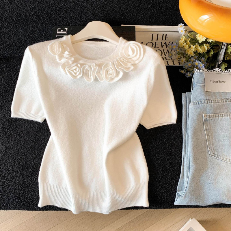 Summer New Cute and Sweet New Lace Corsage Top Knitted White Short-Sleeved T-Shirt for Women A10970 Summer New Cute and Sweet New Lace Corsage Top Knitted White Short-Sleeved T-Shirt for Women A10970