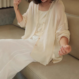 Retro Style Hemp Sun Protection Cardigan for Women in Summer Thin Cotton and Linen Breathable Small Outer Blouse Top with Suspender Skirt