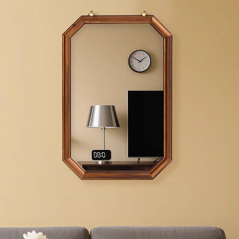 Retro Solid Wood Frame Mirror Wall Bathroom Bathroom Fitting Mirror Bedroom Living Room Dressing Mirror Creative Makeup Mirror