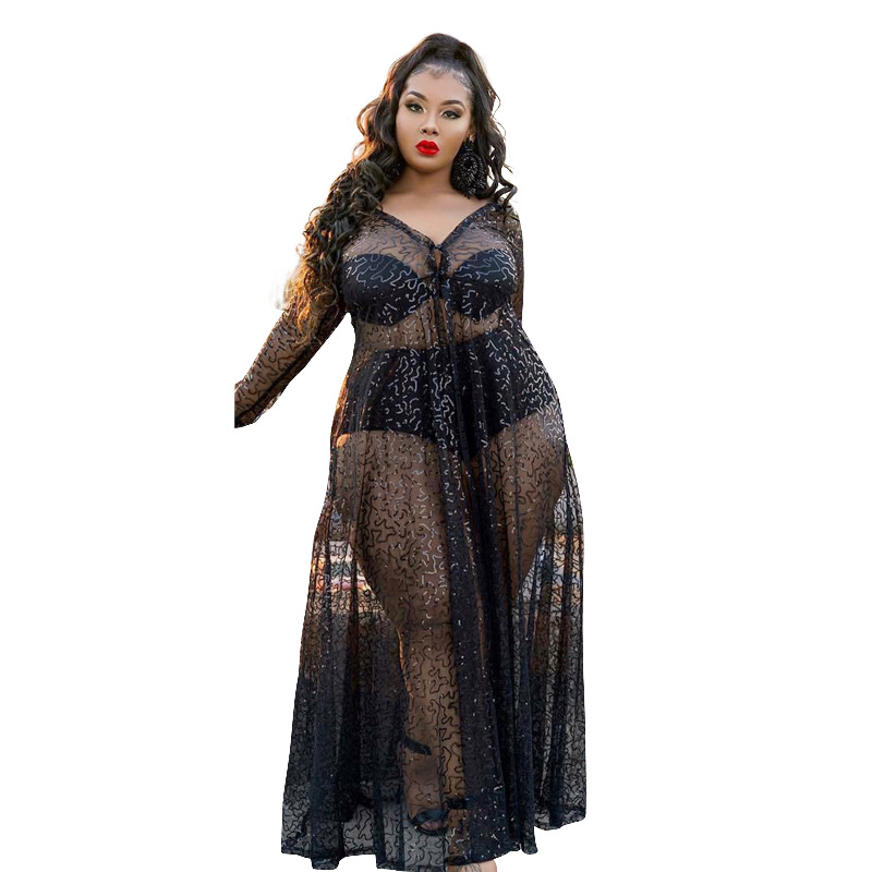 women s see-through sequined plus size dress nihaostyles clothing wholesale NSCYF73151