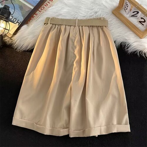 Pure Color Belt Suit Shorts Men Casual Loose Ins Trend Thin Outerwear Sports Five-Finger Wide Leg Mid Pants