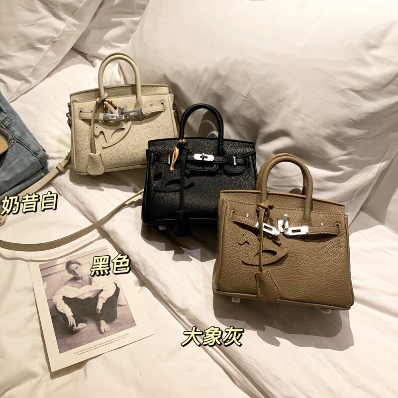 Fashion Genuine Leather Litchi Pattern Platinum Kelly Bag Women's High-end Niche Handbag All-match Commuter Shoulder Crossbody Bag