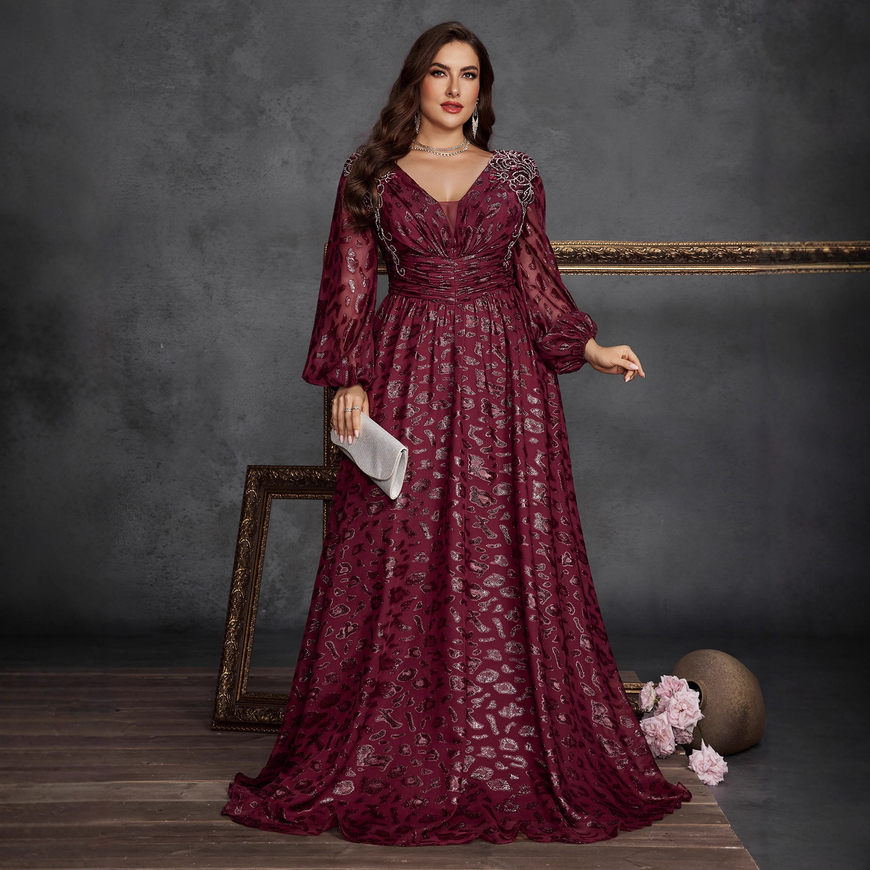 Cross-Border Plus-Size Elegant Sequin Pleated Fitted V-Neck Long-Sleeve Cocktail Evening Dress for Moms