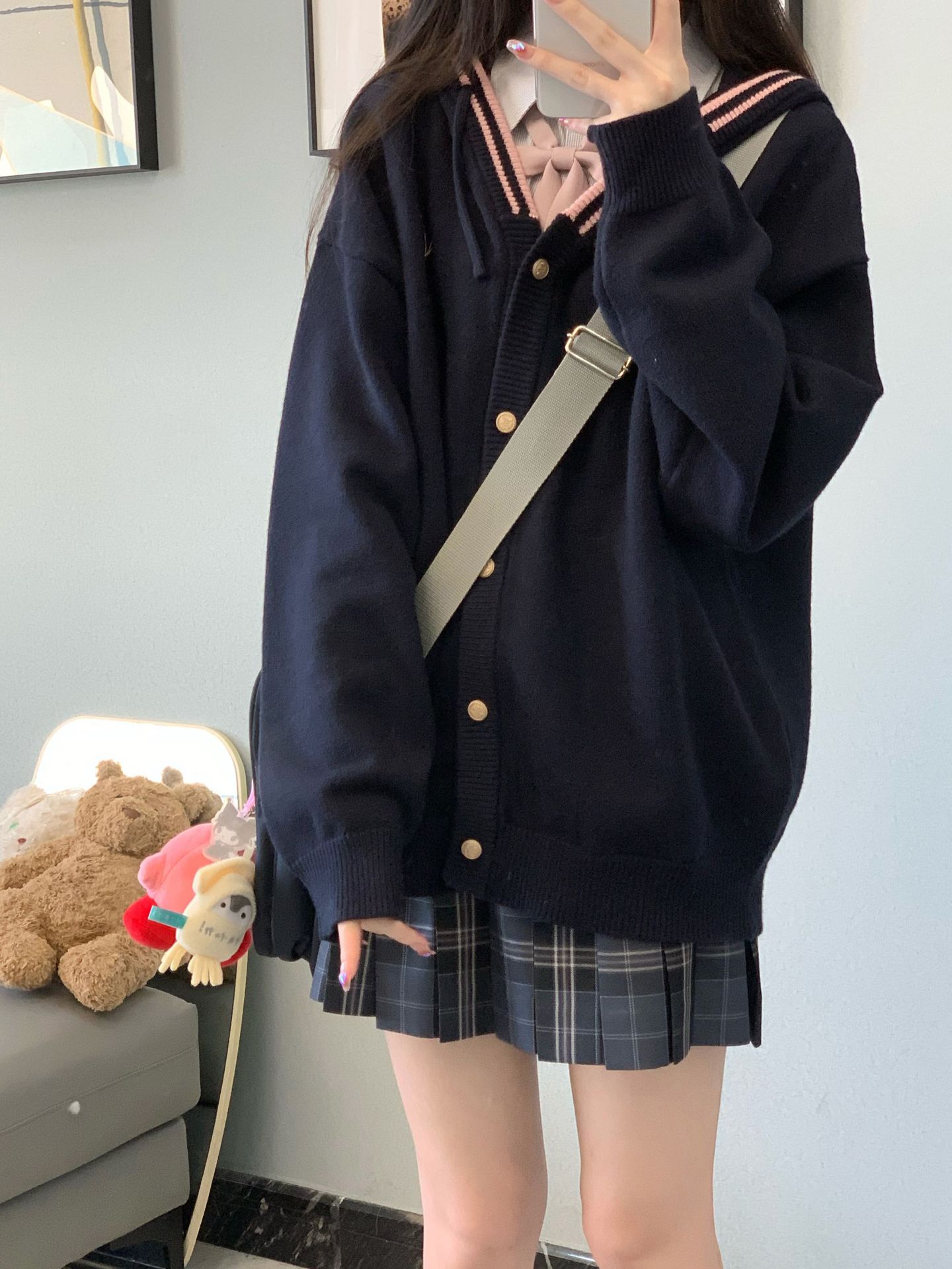 (2개) 2023 가을 및 겨울 제조업체 맞춤형 JK 유니폼 V-넥 스웨터 카디건 부드러운 왁스 같은 느슨한 일본 대학 스타일 스웨터 여성