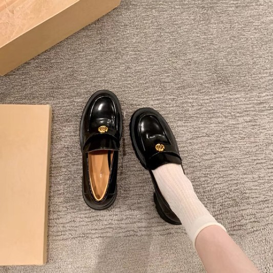 In-Stock Version~2025 New Model Gold Buckle Camellia~6.5Cm Thick Heel Platform Lazy Loafers Women's Small Leather Shoes