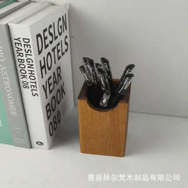 直销木质方形笔筒办公室收纳杯桌面整理收纳木桶笔筒笔架化妆创意