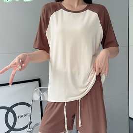 女士睡衣夏季纯棉新款可外穿简约拼色休闲家居服两件套厂家批发女