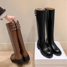 现货~皮带扣侧拉链粗跟高筒靴女新款真皮显瘦不过膝骑士靴长筒靴