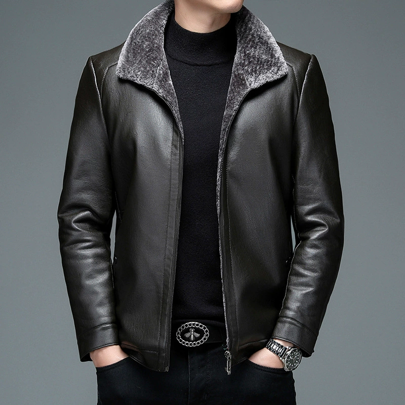 Men's warm down jacket, genuine leather, for middle age