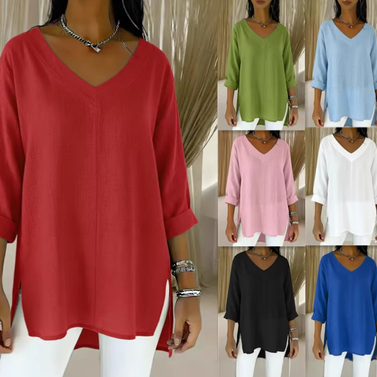 2026 Spring New Products Amazon Aliexpress European and American Cross-Border Women's Street Fashion Solid Color V-Neck Loose Top