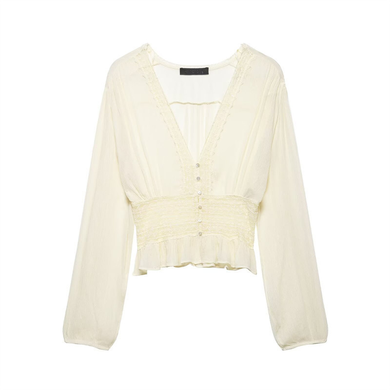 Foreign Trade Women's Clothing Wholesale 2026 Pure Desire Style V-Neck Long-Sleeved Semi-Transparent Lace Sheer Shirt Top 7521015 Foreign Trade Women's Clothing Wholesale 2026 Pure Desire Style V-Neck Long-Sleeved Semi-Transparent Lace Sheer Shirt Top 7521015