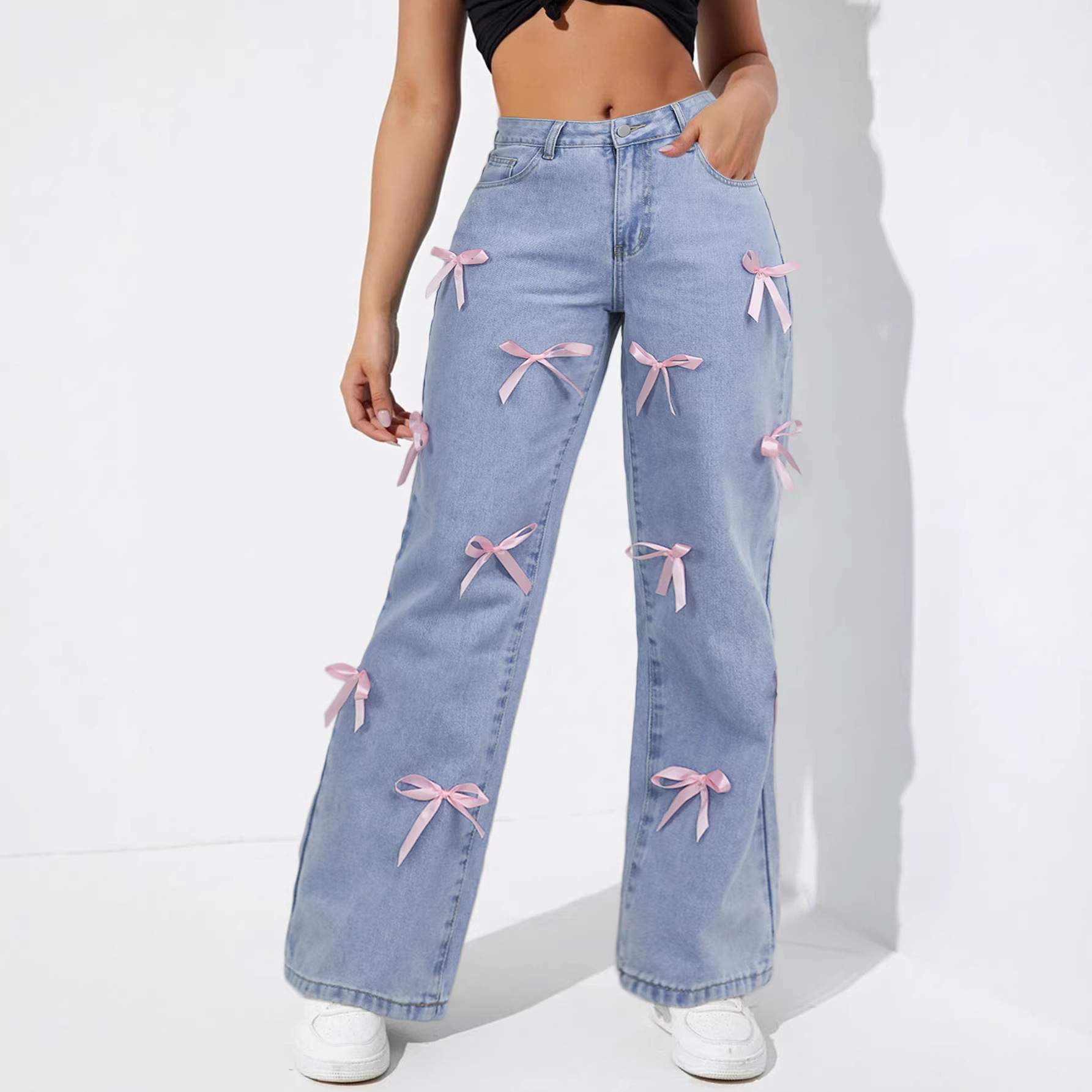 Women's Clothing High Waisted, Bow Tie Patchwork Wide Leg Jeans For Women, Y2K Style, Loose Fit._ecoleips.com