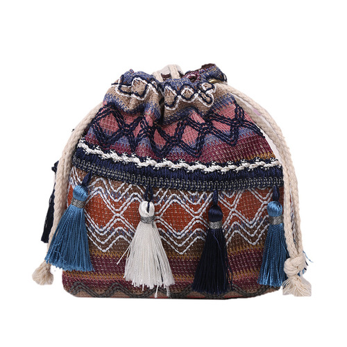 Bohemian drawstring water bucket bag  new rainbow striped color-blocking flow single-shoulder crossbody bag for women
