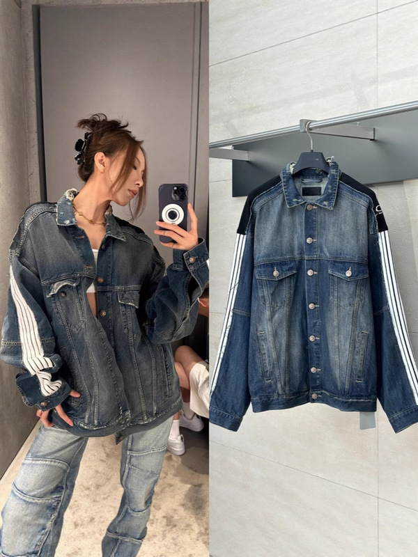 天井品質 25SS パリのトレンディな新しい BLCG ダメージ加工デニム スプライス ジャケット、男性と女性用、同じトレンディなスタイル|undefined