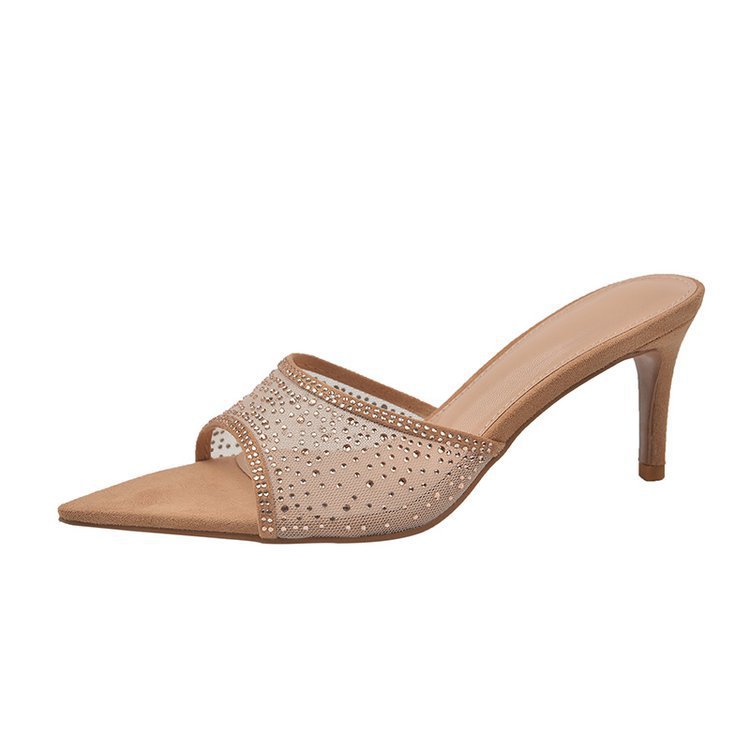 New open-toe pointed mesh rhine-diamond flip-flops female summer wear temperament stiletto heels sandals_voghion.com