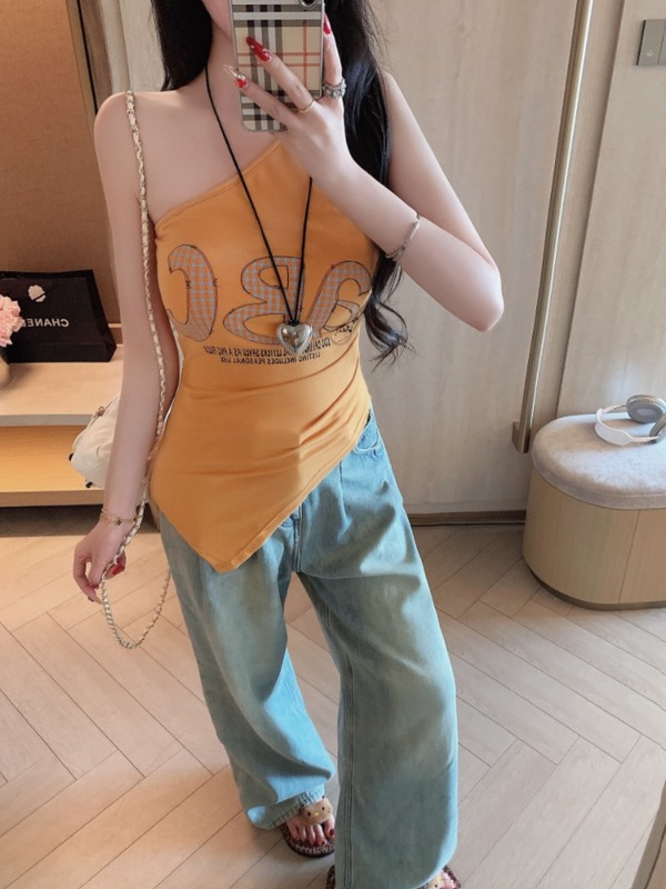 街头风辣妹斜肩不规则吊带背心女夏季内搭美背文胸一体带胸垫上衣|undefined