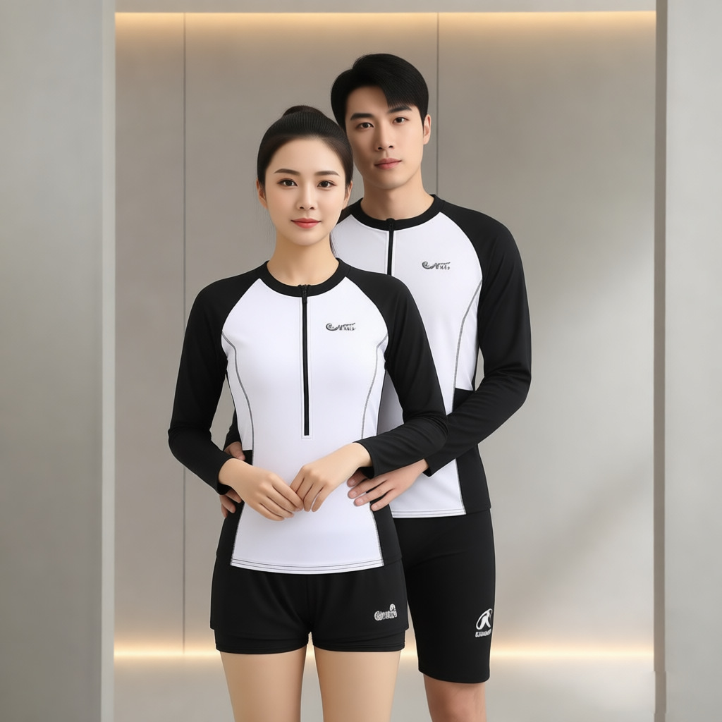 2026 New Style Sun-Protective Swimwear for Women, Long-Sleeve Two-Piece Conservative Design That Covers the Belly and Makes You Look Slim, Men's Couple's Plus-Size Hot Spring Swimwear