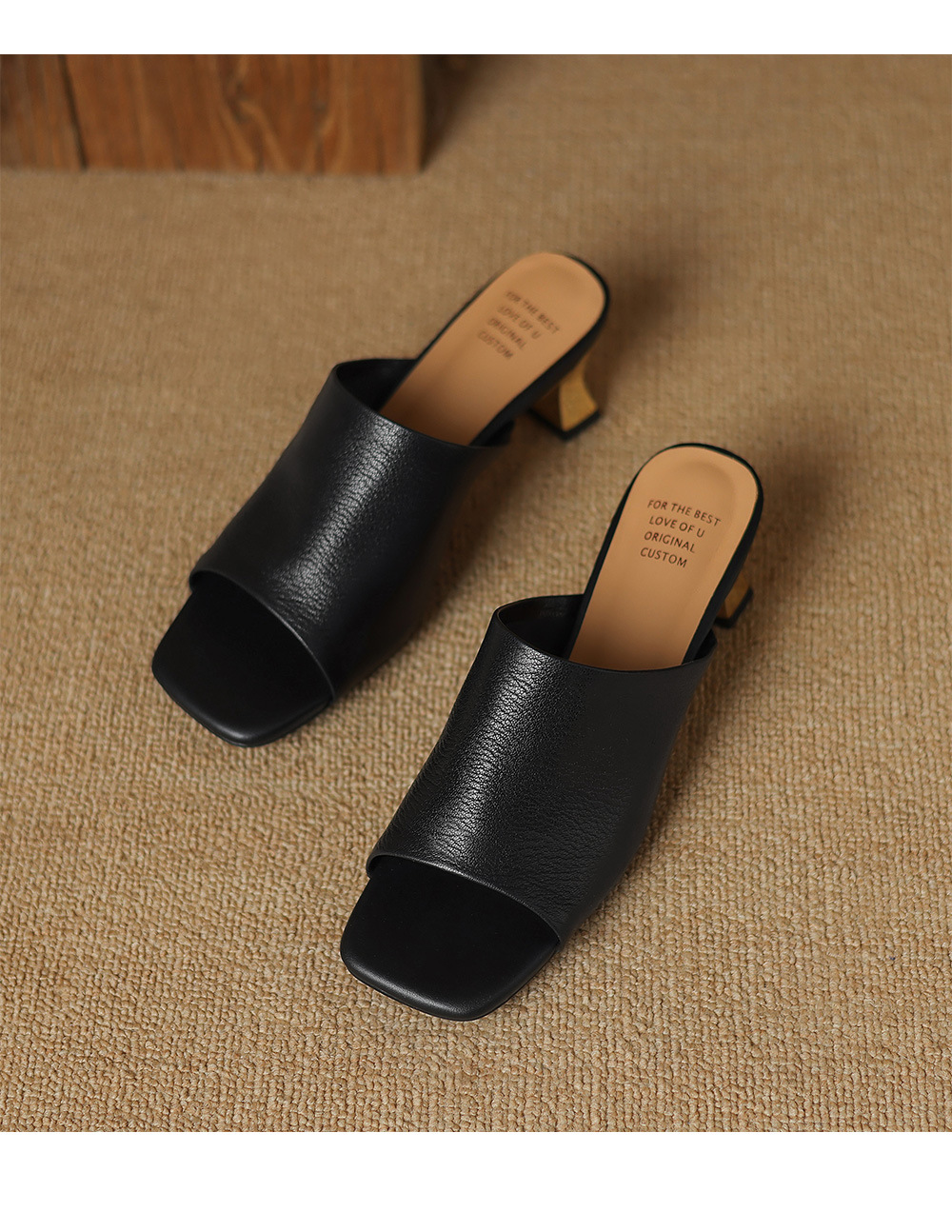 Sandal cao gót nữ mũi hở da cừu gót vuông 5 cm — đen chi tiết 18