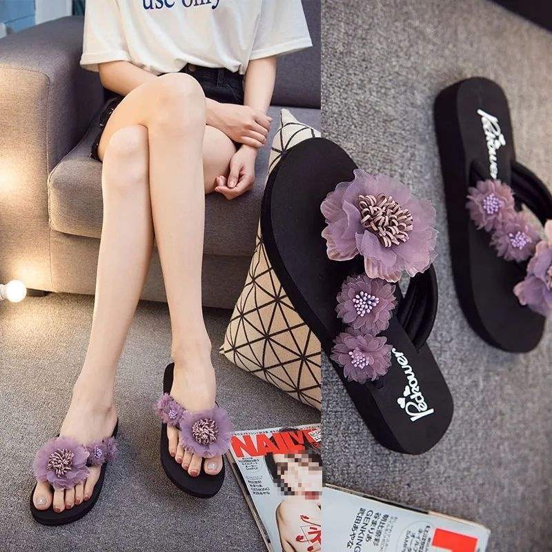 Summer Women's Floral Fashion Flip-Flops Vacation Beach Shoes Trendy Non-Slip Thick-Soled High-Heeled Sandals