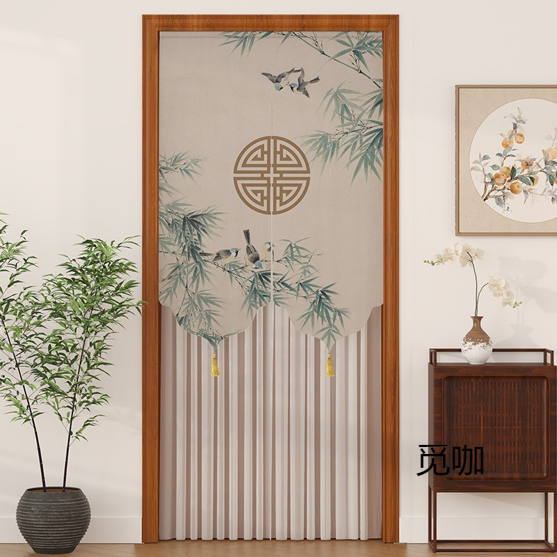 Chinese-Style Door Curtain, Four-Season Partition Curtain, Blocking Curtain, Chinese-Style Printed Gauze Door, Kitchen Bathroom Household Punch-Free Curtain