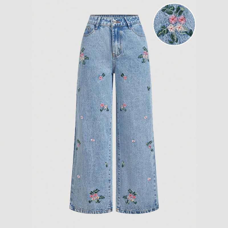 X-Spot Goods-66668 # Amazon Cross-Border Versatile Embroidered Trendy Loose Women's Straight-Leg Jeans Long Pants