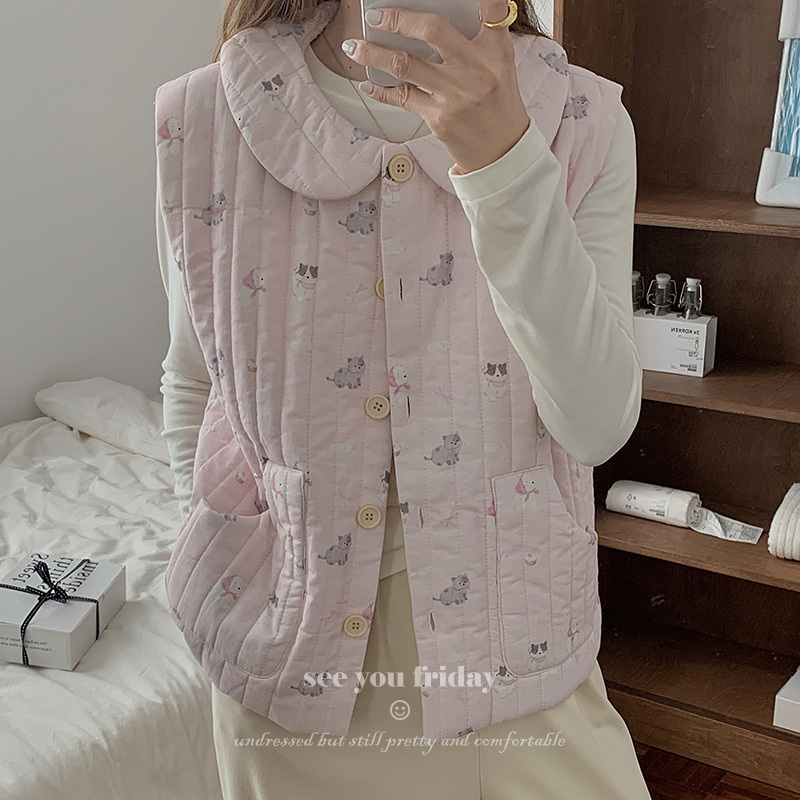 三层绗棉两色卡通娃娃领夹棉马甲背心秋冬睡衣女2024新款可外穿