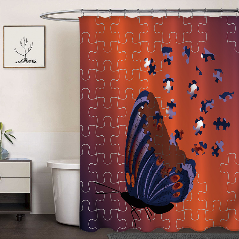 Cortina de ducha de poliéster impresa con hebilla de cortina de ducha de plástico baño cuarto de baño cortina de partición impermeable a prueba de moho