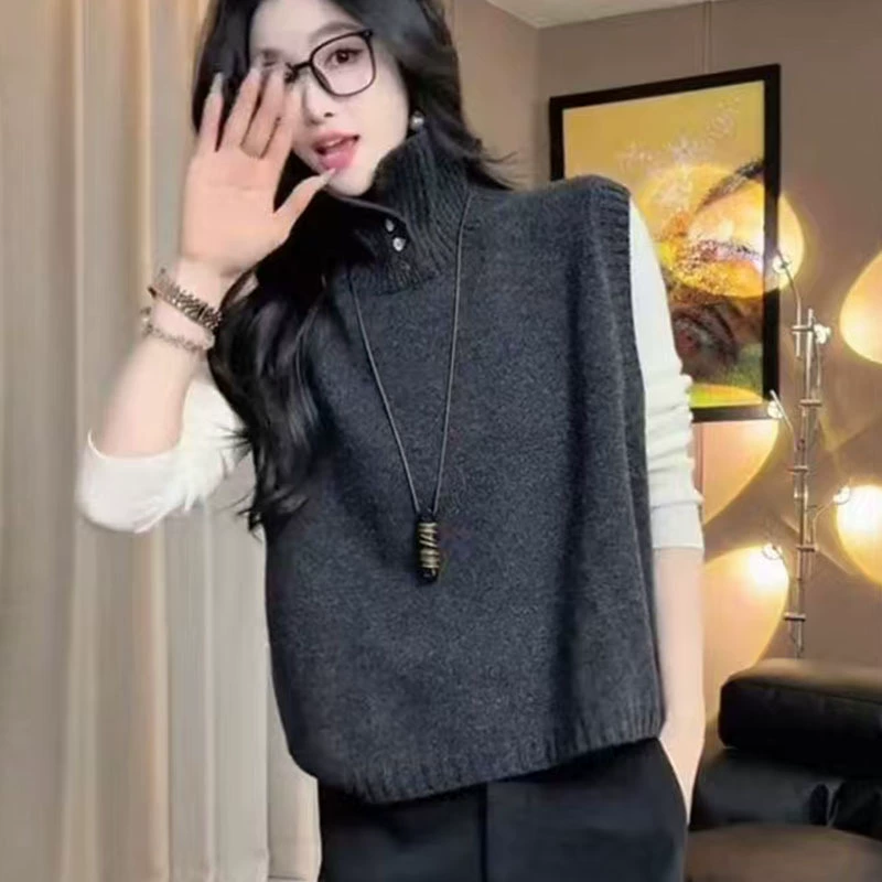 Новинки осени и зимы в корейском стиле, модный французский многослойный свитер-жилет с высоким воротом, женский трикотажный жилет в стиле casual.