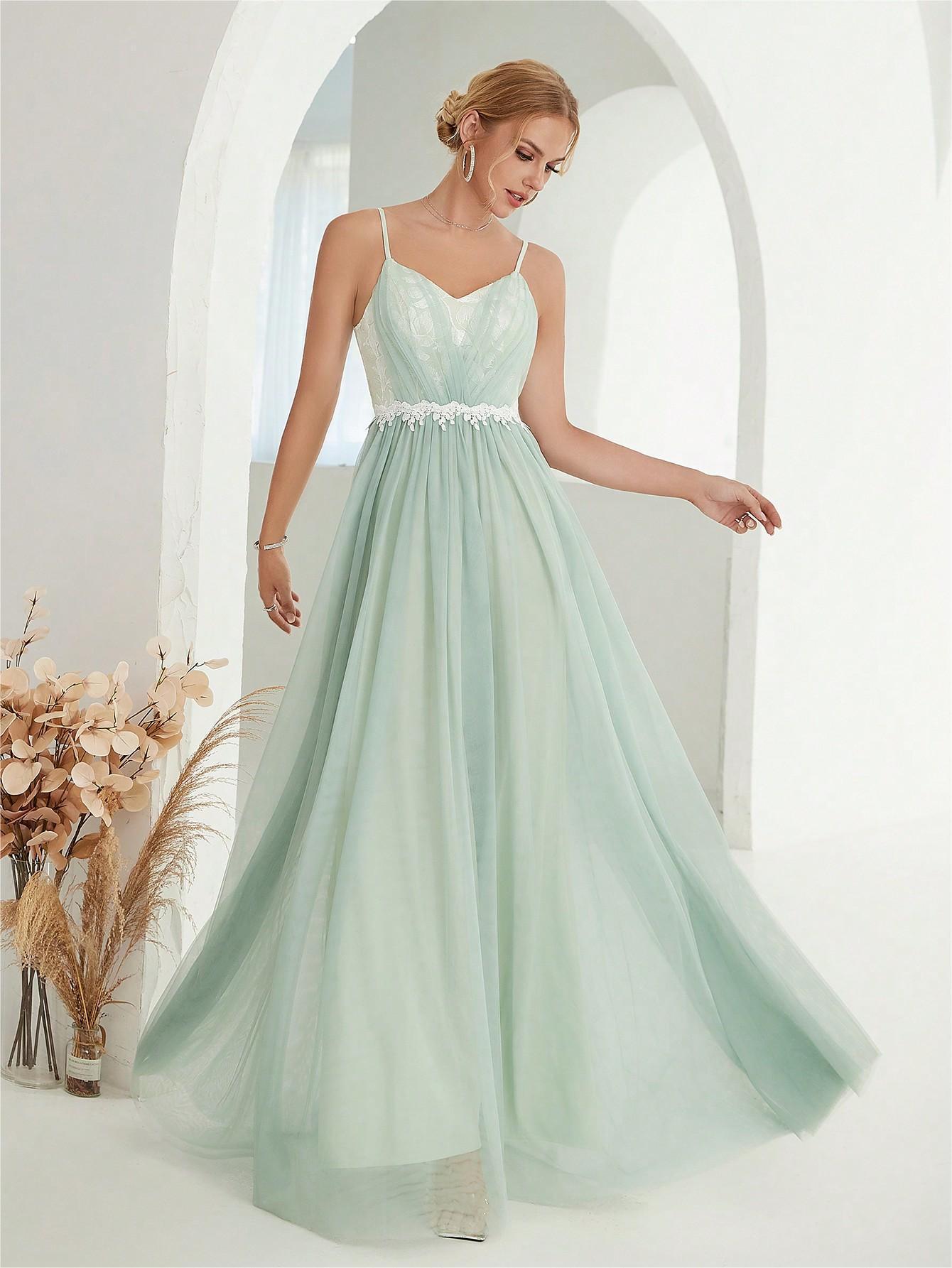 Women Suspender Evening Dress Mesh Cross Fold Lace Contrast Color Maxi Dress Summer