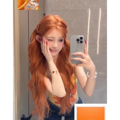 ロングヘアの女性用ウィッグ、ナチュラル、新作オレンジブラウン、ネットセレブ、ロング巻き毛、大きなウェーブ、中間分け、美白、フルヘッドマスクスタイル