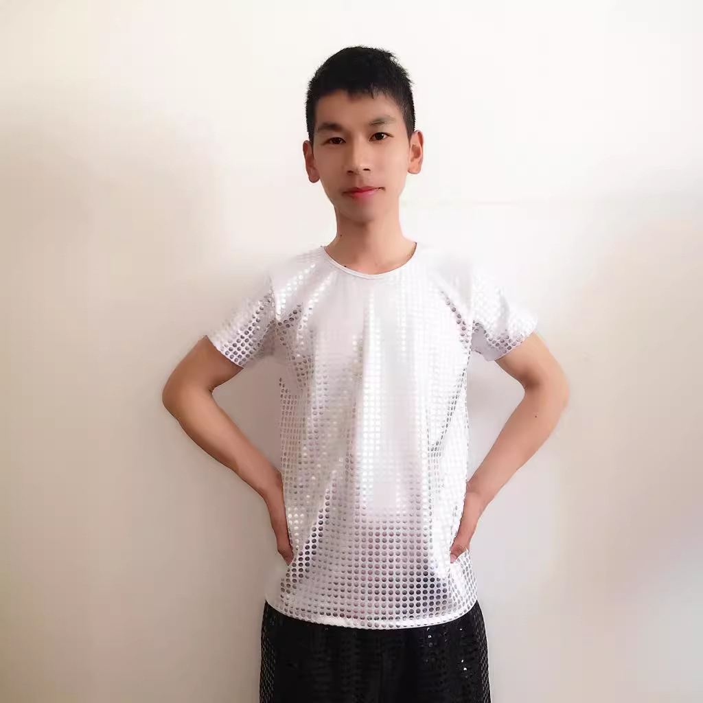 Ropa de rendimiento de estiramiento recto para hombres y mujeres ropa de baile de jazz moderna etapa con lentejuelas Camiseta de manga corta top