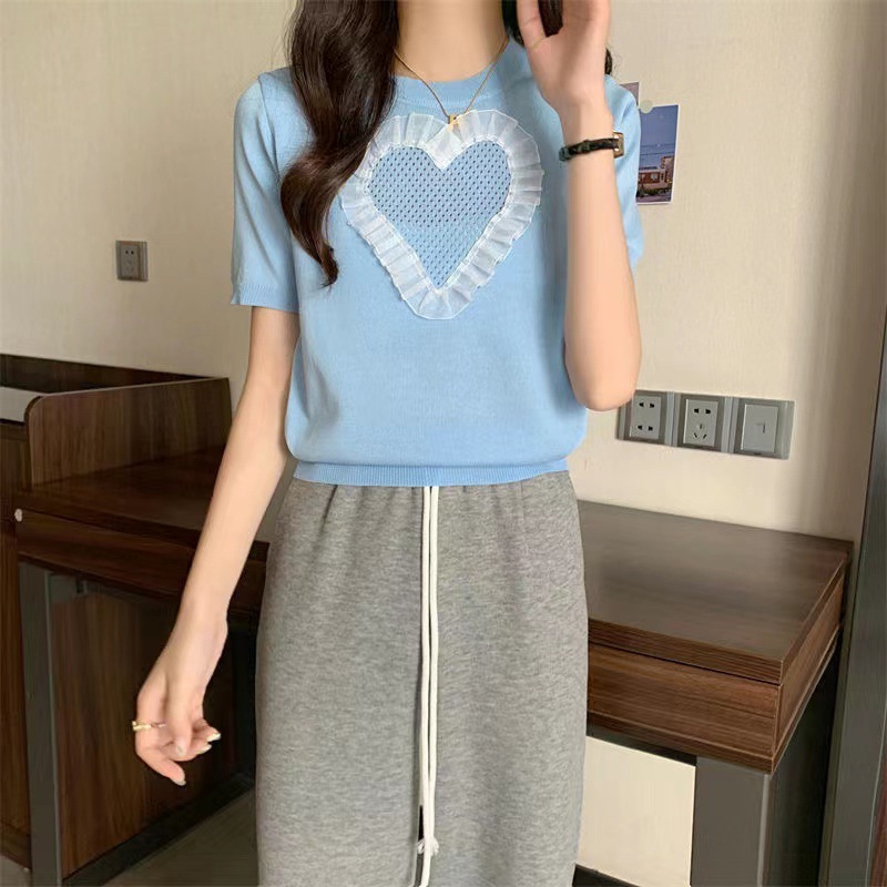 Knitted summer short fresh cute lace design sweater
