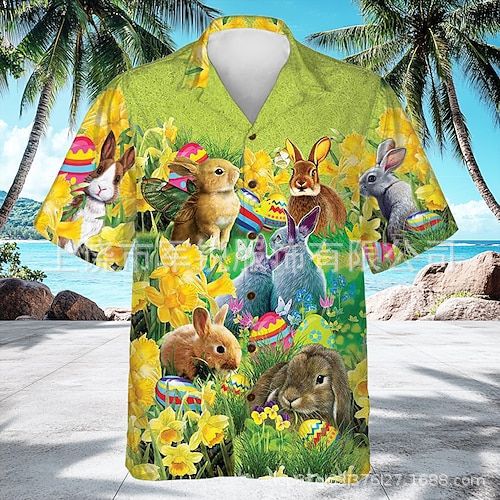 2026 New Easter 3D Printed Hawaiian Short-Sleeved Shirt for Men, Casual Resort Style Lapel Beach Shirt
